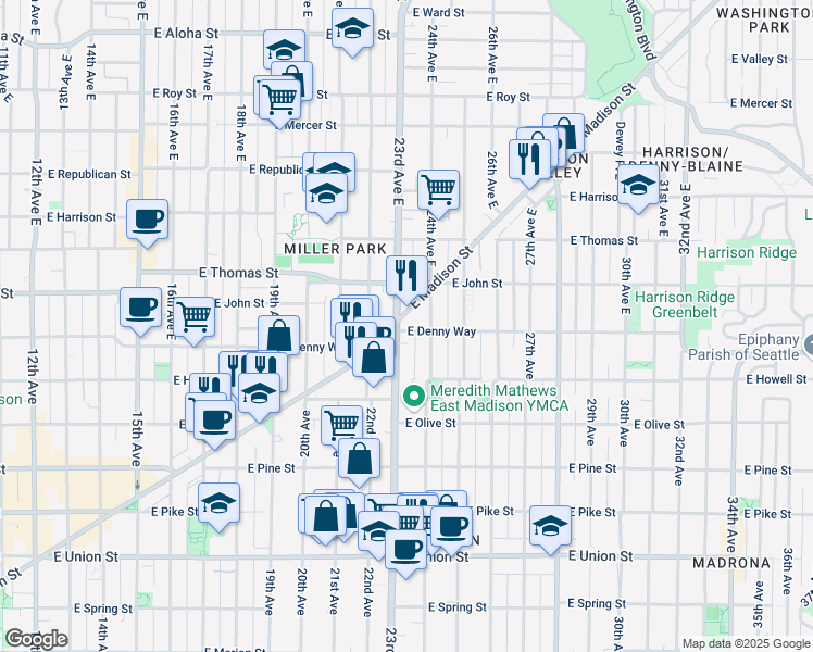 map of restaurants, bars, coffee shops, grocery stores, and more near 2303 East Madison Street in Seattle