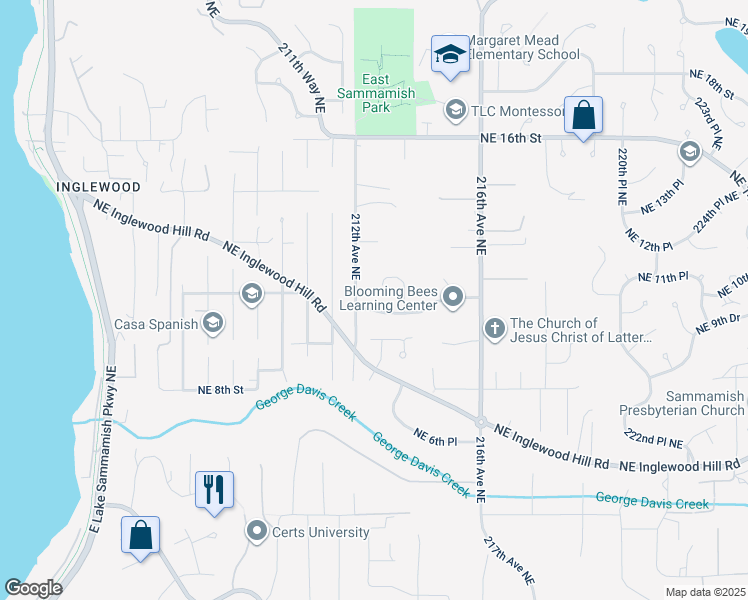 map of restaurants, bars, coffee shops, grocery stores, and more near 21216 Northeast 10th Place in Sammamish