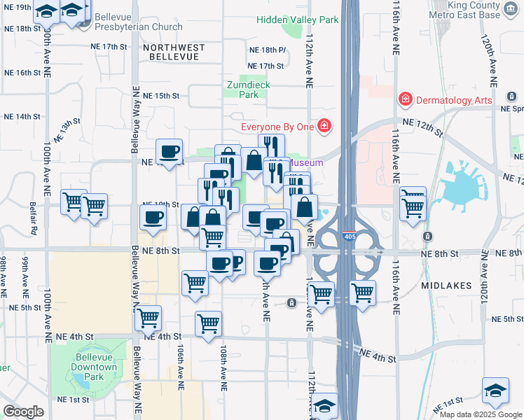 map of restaurants, bars, coffee shops, grocery stores, and more near 999 110th Avenue Northeast in Bellevue
