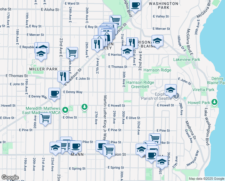 map of restaurants, bars, coffee shops, grocery stores, and more near 2820 East Denny Way in Seattle