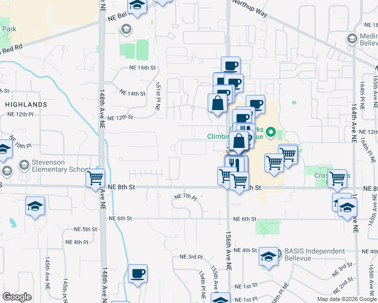 map of restaurants, bars, coffee shops, grocery stores, and more near 1035 156th Avenue Northeast in Bellevue