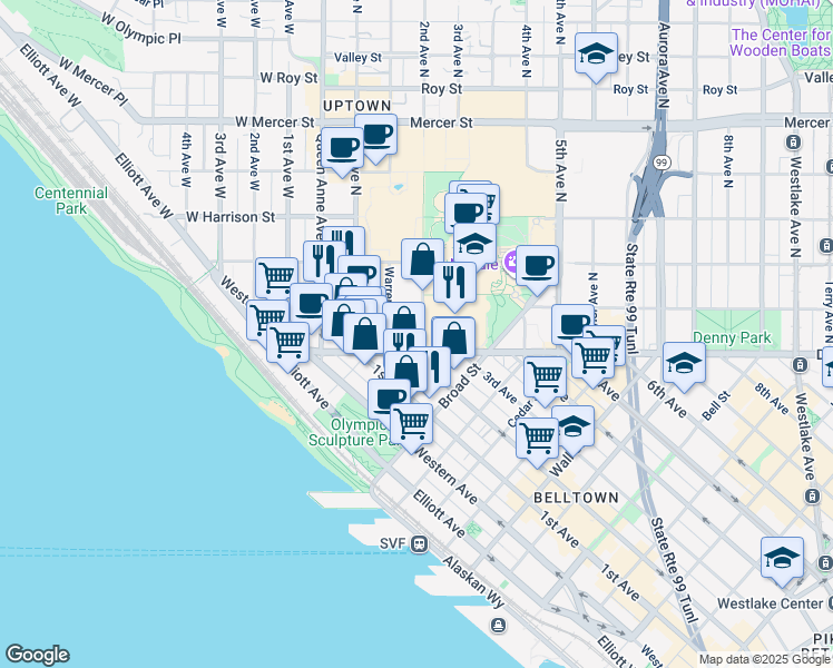 map of restaurants, bars, coffee shops, grocery stores, and more near 123 2nd Avenue North in Seattle