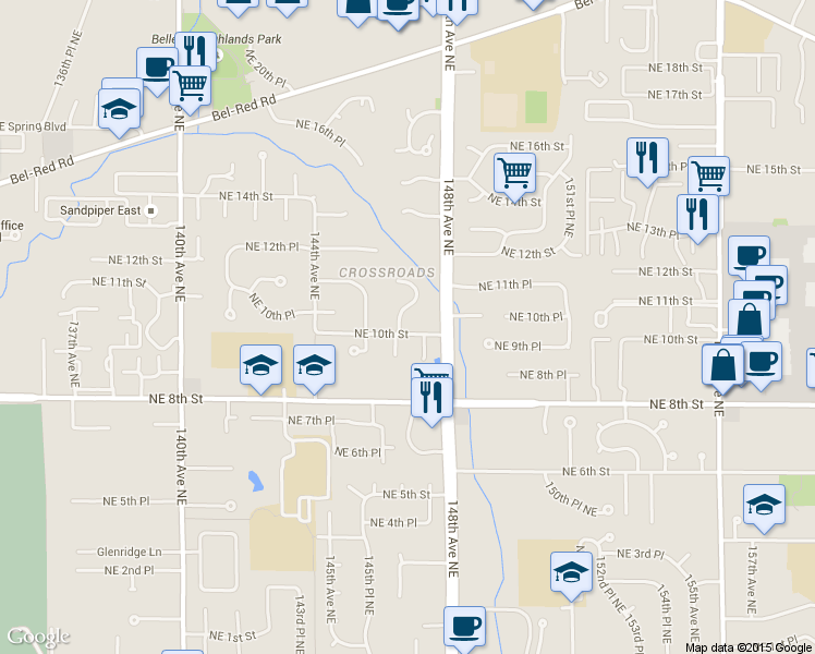 map of restaurants, bars, coffee shops, grocery stores, and more near 1002 147th Place Northeast in Bellevue