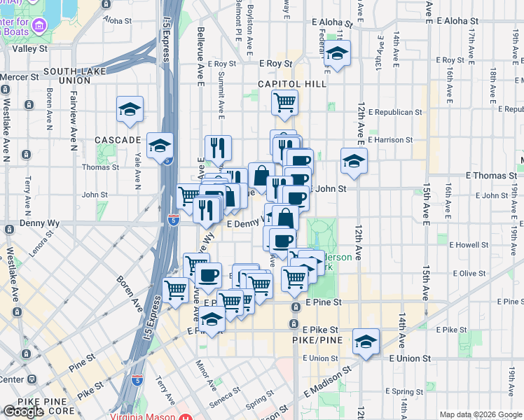 map of restaurants, bars, coffee shops, grocery stores, and more near 112 Boylston Avenue East in Seattle