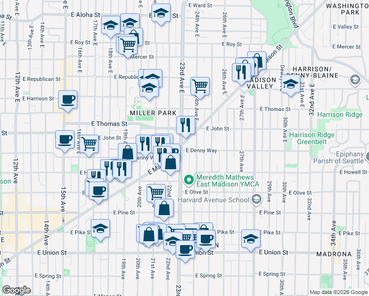 map of restaurants, bars, coffee shops, grocery stores, and more near 2302 East Denny Way in Seattle