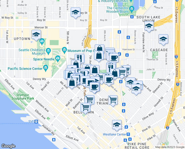 map of restaurants, bars, coffee shops, grocery stores, and more near 700 Denny Way in Seattle