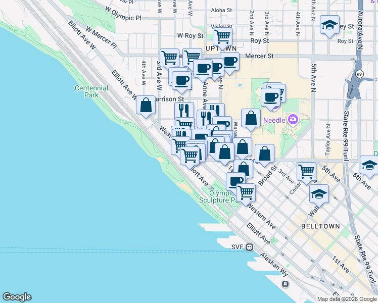 map of restaurants, bars, coffee shops, grocery stores, and more near 21 1st Avenue West in Seattle