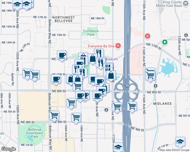 map of restaurants, bars, coffee shops, grocery stores, and more near 999 110th Avenue Northeast in Bellevue