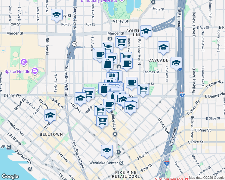 map of restaurants, bars, coffee shops, grocery stores, and more near 124 Westlake Avenue North in Seattle