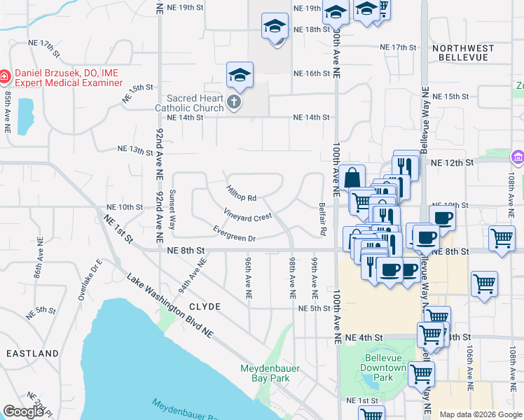 map of restaurants, bars, coffee shops, grocery stores, and more near 1004 Park Road in Bellevue