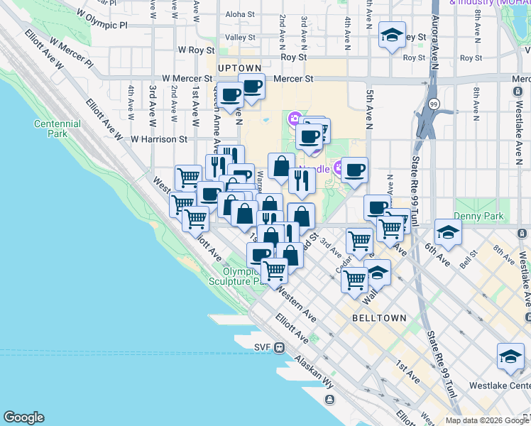 map of restaurants, bars, coffee shops, grocery stores, and more near 116 Warren Avenue North in Seattle