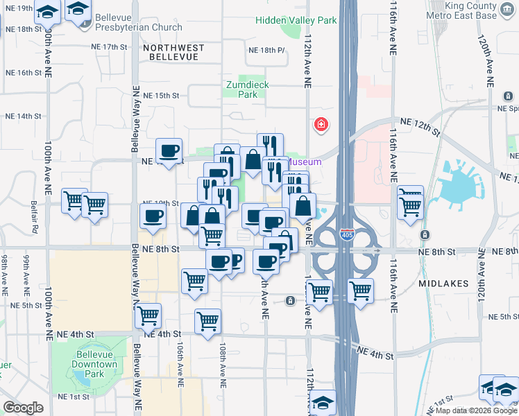 map of restaurants, bars, coffee shops, grocery stores, and more near 999 110th Avenue Northeast in Bellevue