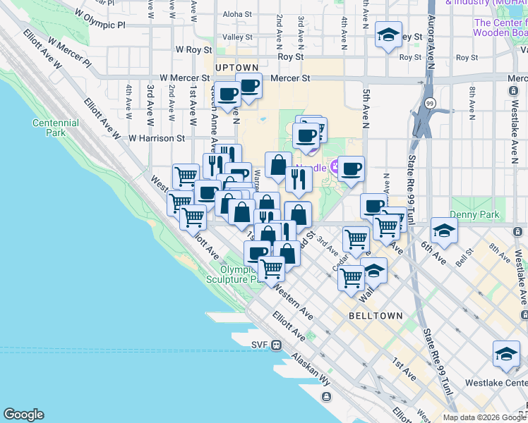 map of restaurants, bars, coffee shops, grocery stores, and more near 116 Warren Avenue North in Seattle