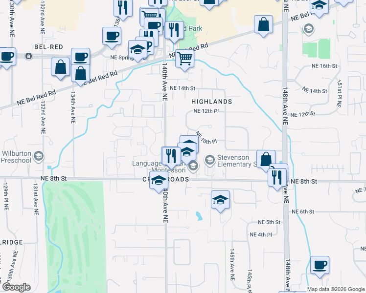 map of restaurants, bars, coffee shops, grocery stores, and more near 1008 140th Avenue Northeast in Bellevue