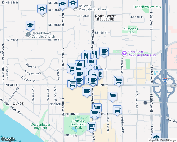 map of restaurants, bars, coffee shops, grocery stores, and more near 929 Bellevue Way Northeast in Bellevue