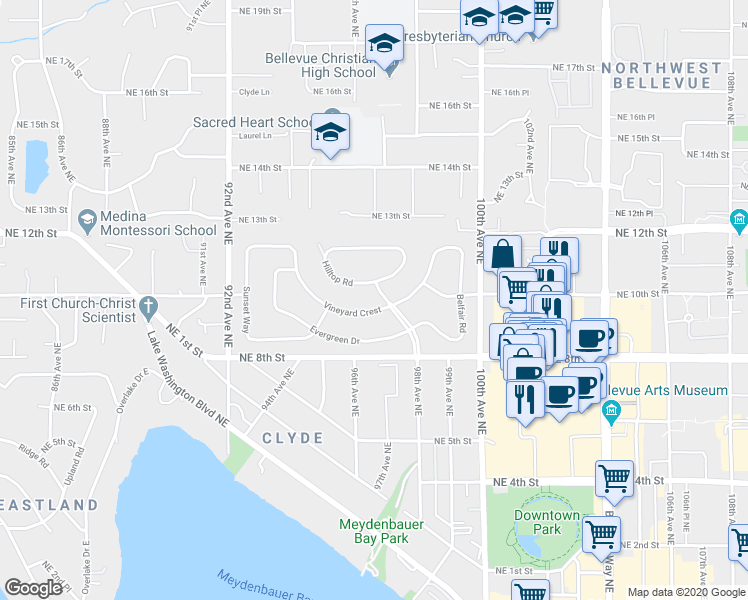 map of restaurants, bars, coffee shops, grocery stores, and more near 1004 Park Road in Bellevue