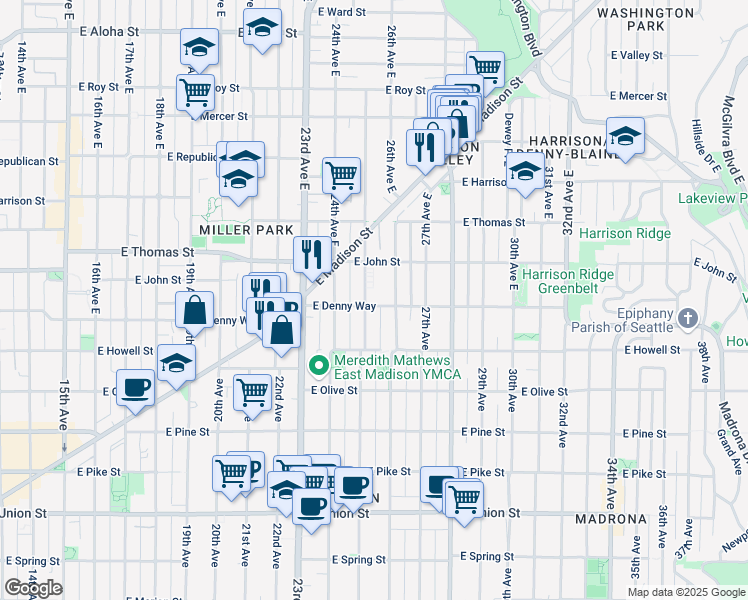 map of restaurants, bars, coffee shops, grocery stores, and more near 2500 East Denny Way in Seattle