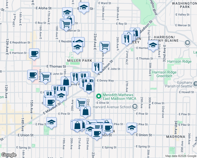 map of restaurants, bars, coffee shops, grocery stores, and more near 2303 East Madison Street in Seattle