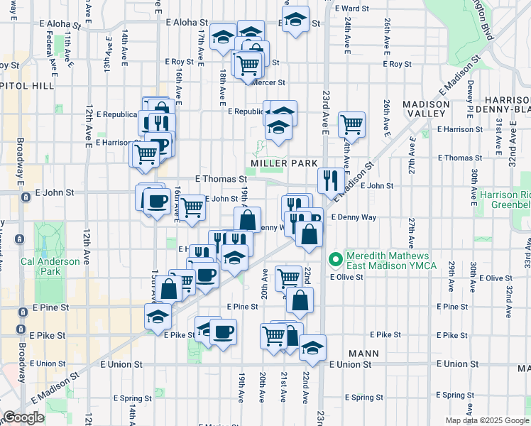 map of restaurants, bars, coffee shops, grocery stores, and more near in Seattle