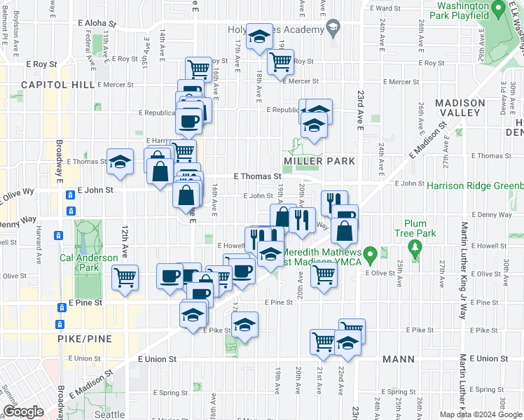 map of restaurants, bars, coffee shops, grocery stores, and more near 118 18th Avenue East in Seattle