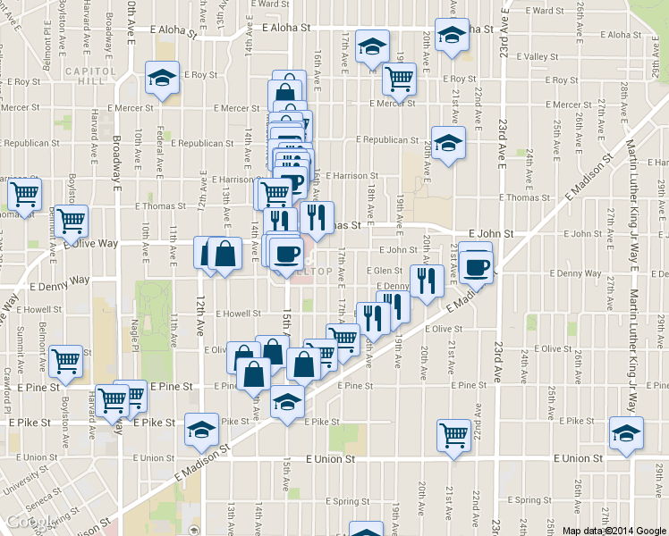 map of restaurants, bars, coffee shops, grocery stores, and more near in Seattle