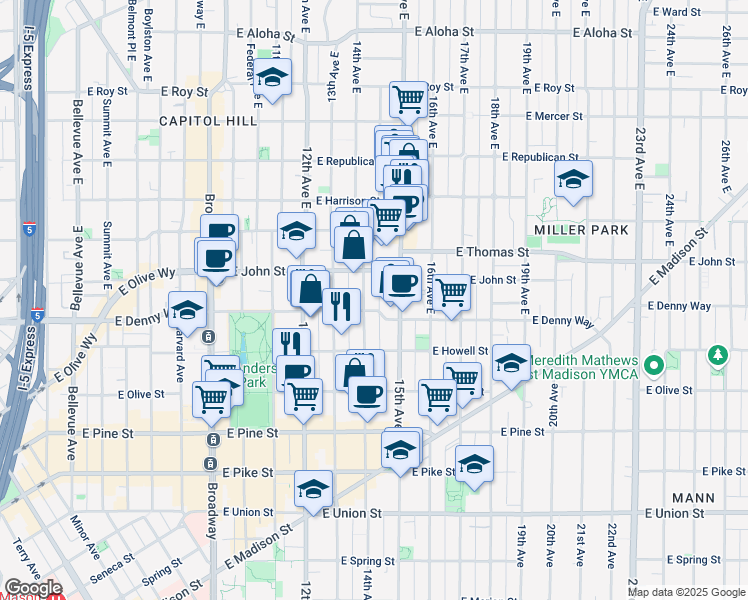 map of restaurants, bars, coffee shops, grocery stores, and more near 107 14th Avenue East in Seattle