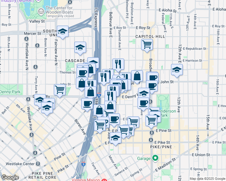 map of restaurants, bars, coffee shops, grocery stores, and more near 112 Bellevue Avenue East in Seattle
