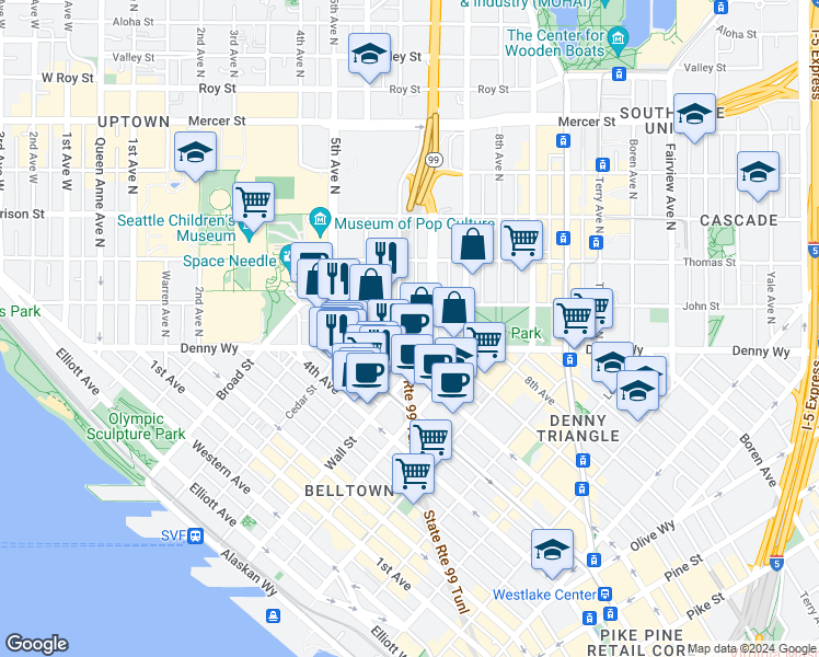 map of restaurants, bars, coffee shops, grocery stores, and more near 118 6th Avenue North in Seattle