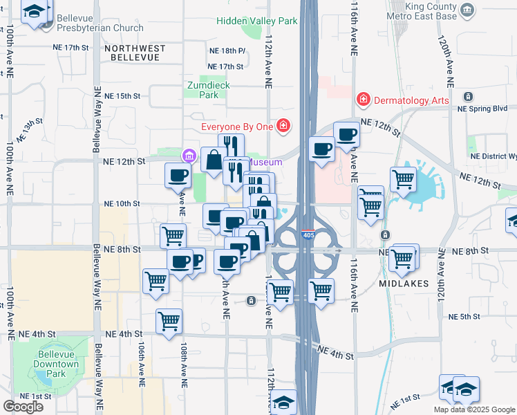 map of restaurants, bars, coffee shops, grocery stores, and more near 989 112th Avenue Northeast in Bellevue