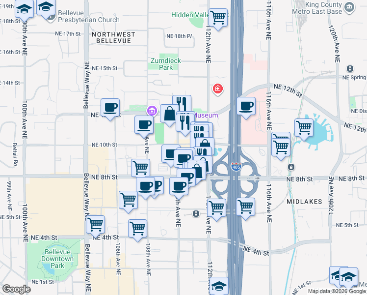 map of restaurants, bars, coffee shops, grocery stores, and more near 938 110th Avenue Northeast in Bellevue