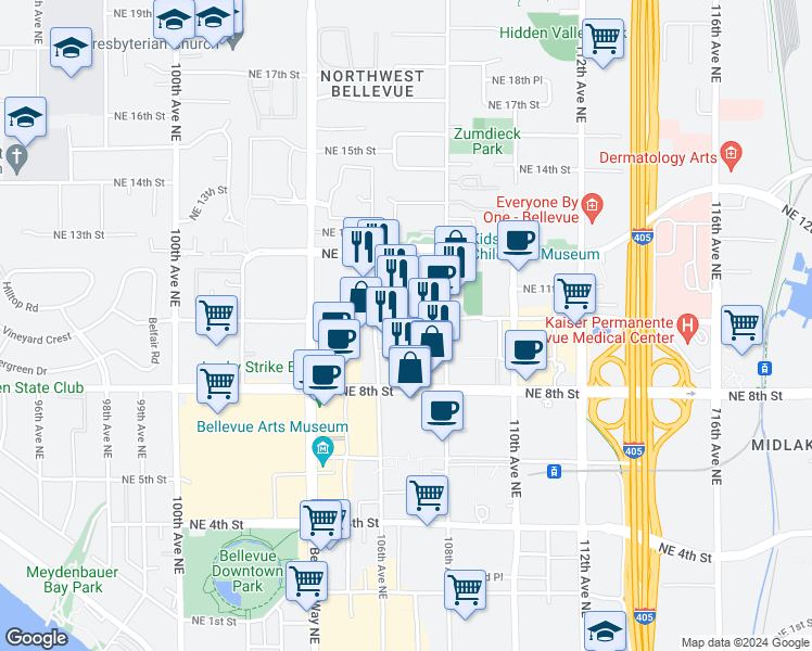 map of restaurants, bars, coffee shops, grocery stores, and more near 10505 Northeast 9th Street in Bellevue