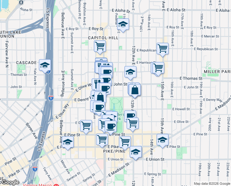 map of restaurants, bars, coffee shops, grocery stores, and more near 110 10th Avenue East in Seattle