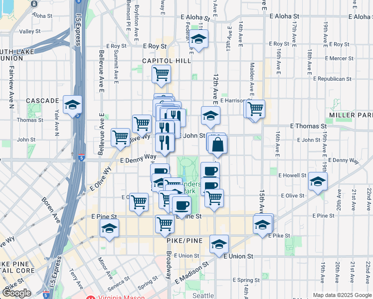 map of restaurants, bars, coffee shops, grocery stores, and more near 110 10th Avenue East in Seattle