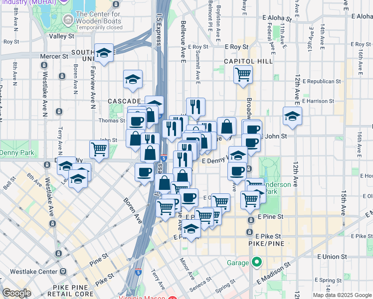 map of restaurants, bars, coffee shops, grocery stores, and more near 112 Bellevue Avenue East in Seattle