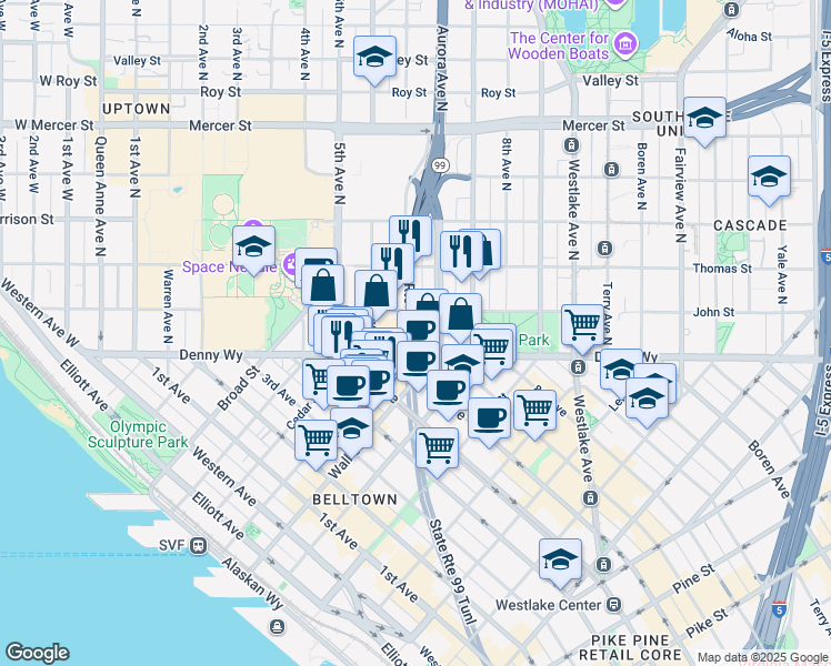 map of restaurants, bars, coffee shops, grocery stores, and more near 118 6th Avenue North in Seattle