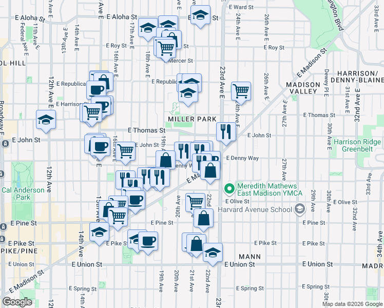 map of restaurants, bars, coffee shops, grocery stores, and more near 121 21st Avenue East in Seattle