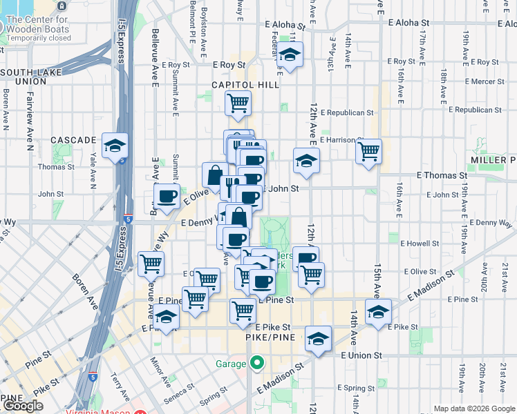 map of restaurants, bars, coffee shops, grocery stores, and more near 118 Broadway East in Seattle