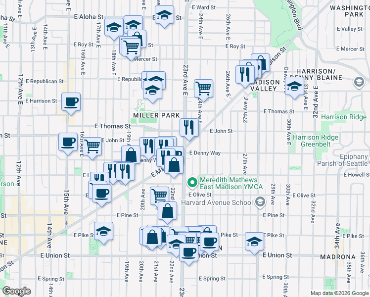 map of restaurants, bars, coffee shops, grocery stores, and more near East Madison Street & 23rd Avenue East in Seattle