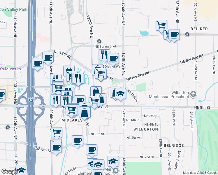 map of restaurants, bars, coffee shops, grocery stores, and more near 12209 Bel-Red Road in Bellevue