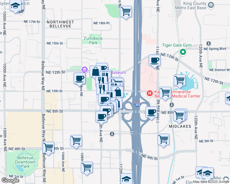 map of restaurants, bars, coffee shops, grocery stores, and more near 989 111th Avenue Northeast in Bellevue