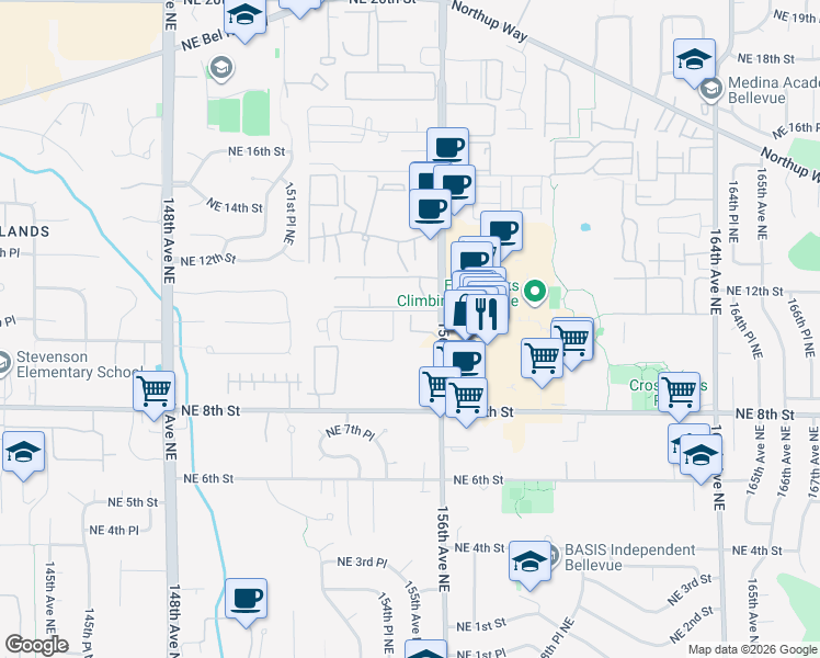 map of restaurants, bars, coffee shops, grocery stores, and more near 1003 156th Avenue Northeast in Bellevue
