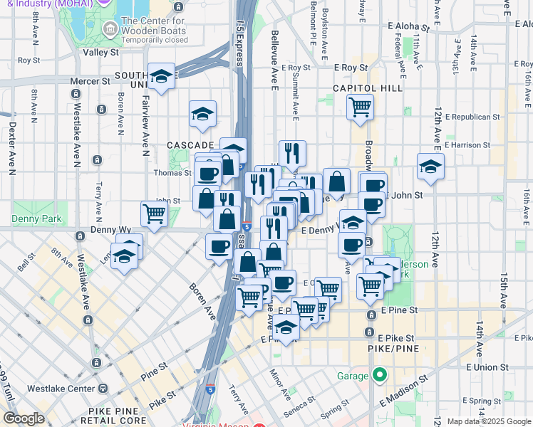 map of restaurants, bars, coffee shops, grocery stores, and more near 112 Bellevue Avenue East in Seattle