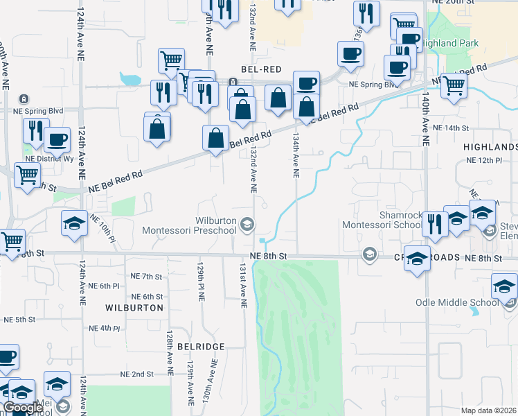 map of restaurants, bars, coffee shops, grocery stores, and more near 859 132nd Avenue Northeast in Bellevue