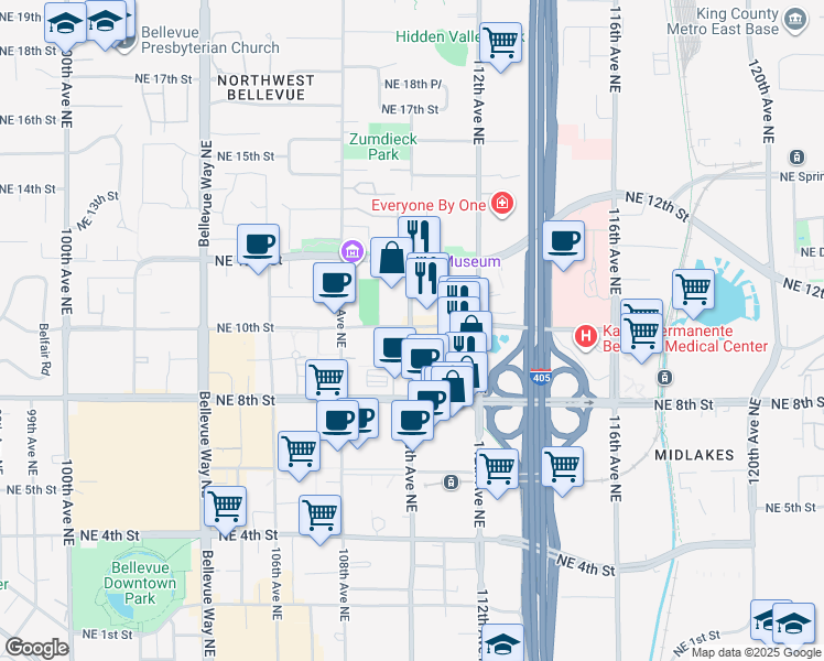 map of restaurants, bars, coffee shops, grocery stores, and more near 968 110th Avenue Northeast in Bellevue