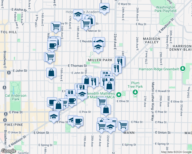 map of restaurants, bars, coffee shops, grocery stores, and more near in Seattle