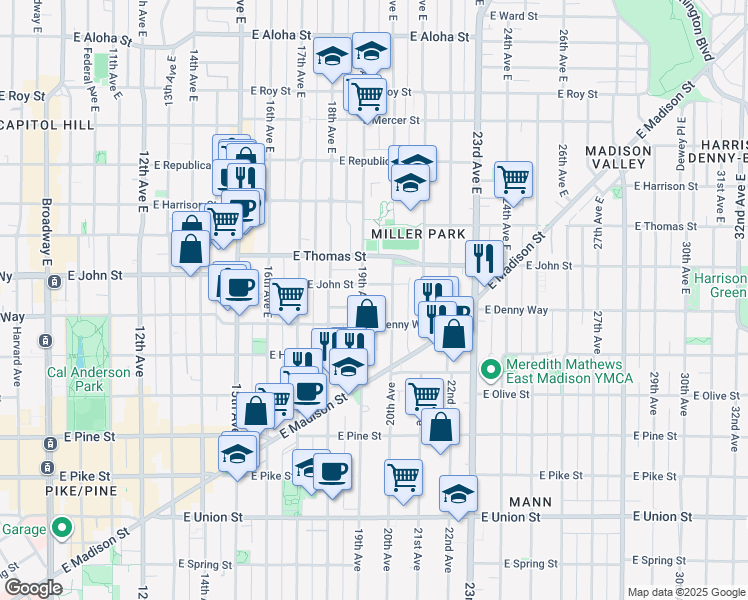 map of restaurants, bars, coffee shops, grocery stores, and more near 116 19th Avenue East in Seattle