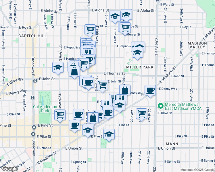 map of restaurants, bars, coffee shops, grocery stores, and more near in Seattle