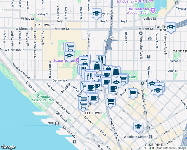 map of restaurants, bars, coffee shops, grocery stores, and more near in Seattle