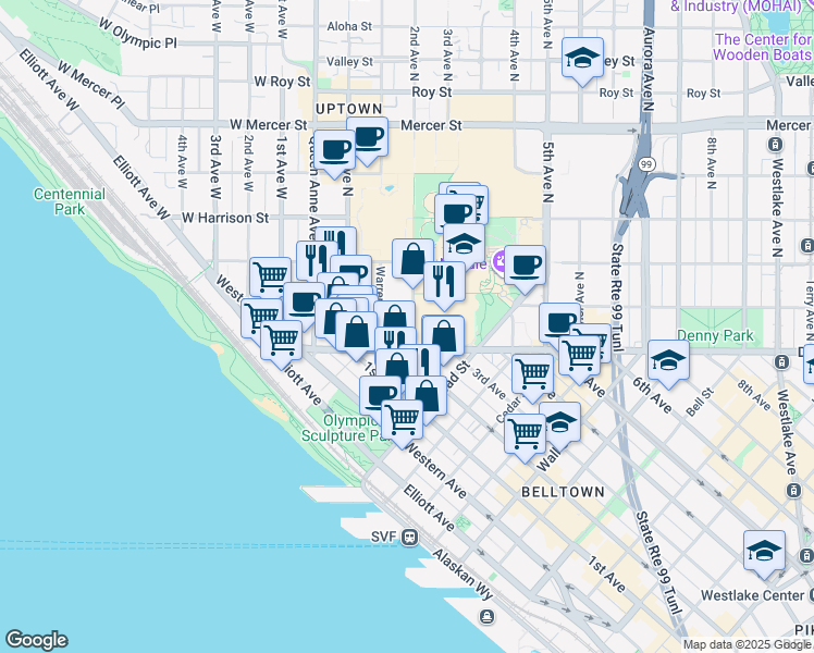 map of restaurants, bars, coffee shops, grocery stores, and more near 116 Warren Avenue North in Seattle