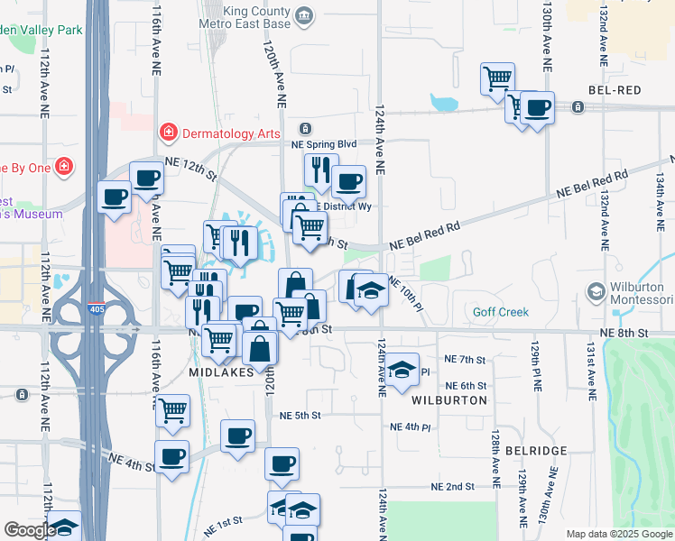 map of restaurants, bars, coffee shops, grocery stores, and more near 12209 Bel Red Rd in Bellevue